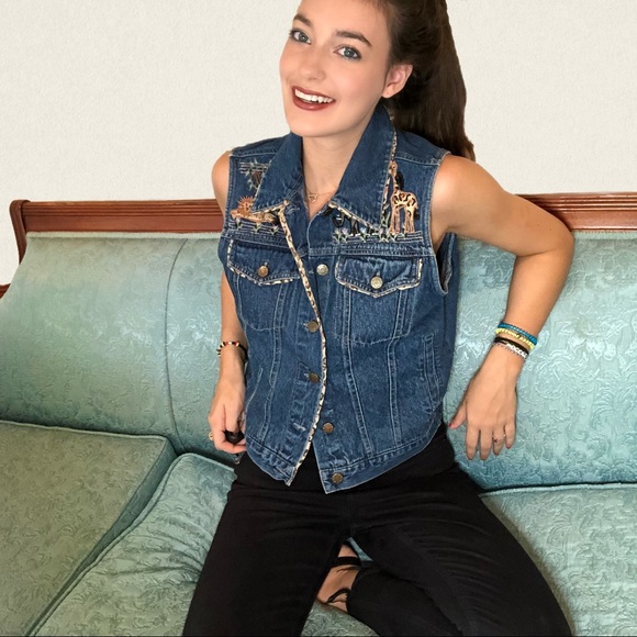 Vintage Jean Jacket w/ Safari Animals (s) - Picture 1 of 7